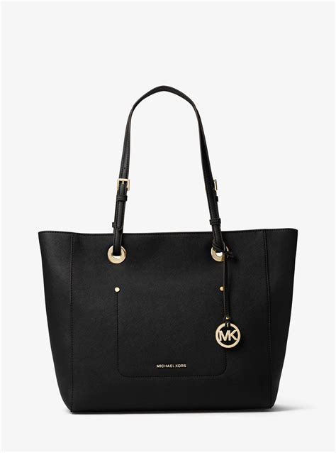 michael kors black tote leather bag|Michael Kors black canvas tote.